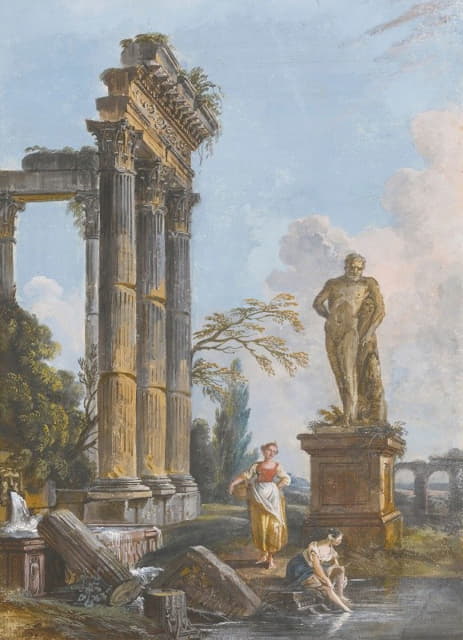 Jean-Baptiste Lallemand - A View Of A Ruined Temple With Washerwomen