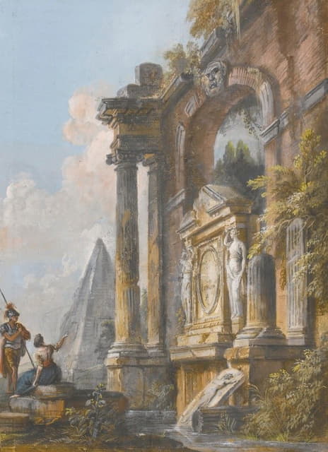 Jean-Baptiste Lallemand - A View Of The Pyramid Of Caius Cestius And Ancient Ruins With A Soldier And Young Lady In The Foreground
