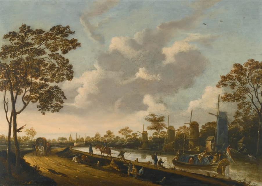 Pieter Bout - A Landscape With A Barge Being Towed Along A Canal