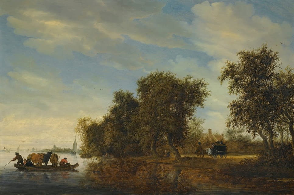 Jacob Salomonsz. van Ruysdael - A River Landscape With A Ferry Boat