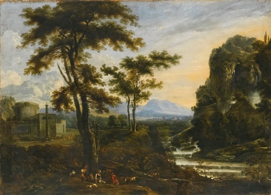 Tuscan School - An Extensive River Landscape With Herders Resting In The Foreground, A Fortification To The Left