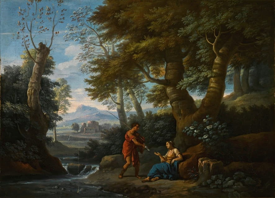 河边一位渔夫和一位女性的风景