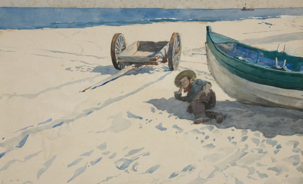 海滩场景，男人在船的阴影下休息