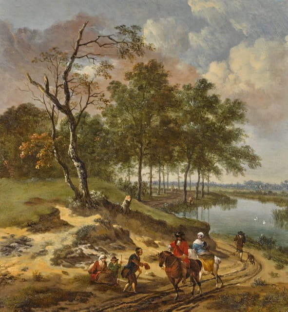 Jan Wijnants - A river landscape with elegant travelers and a beggar in a dune landscape