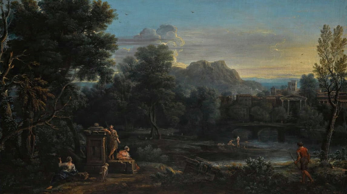 John Wootton - A wooded classical landscape with figures resting in the foreground and bathing in the river, a town beyond