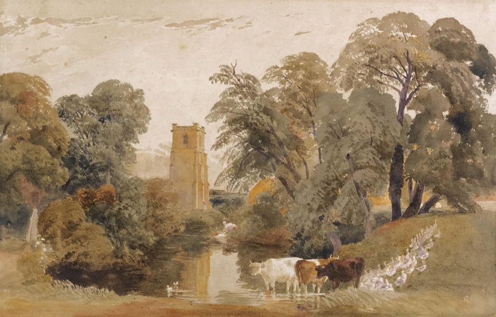 Peter De Wint - Landscape with cattle, geese, a lady washing clothes beside a river and a church tower beyond