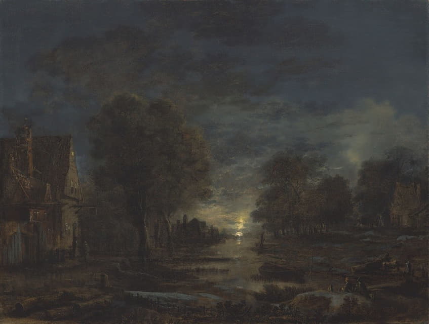 Aert van der Neer - A moonlit landscape, with an inn beside a river