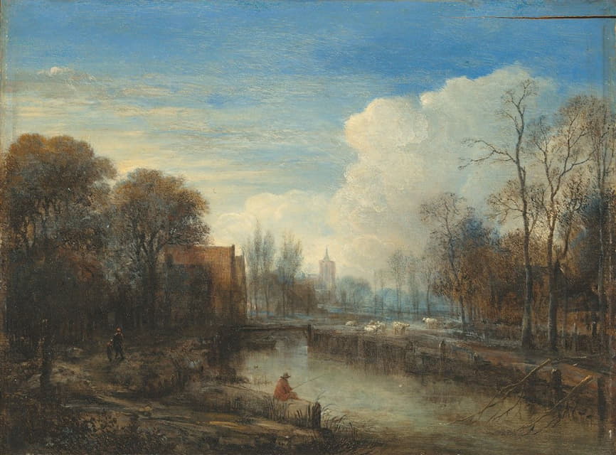 Aert van der Neer - A river landscape, with an angler and sheep on the banks