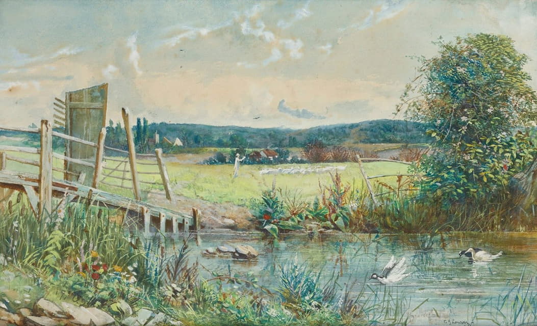 Cecil Gordon Lawson - Shepherd and his flock, in a river meadow