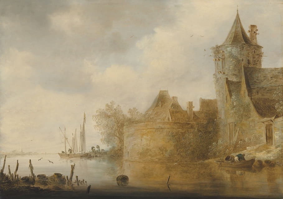 Cornelis Van Der Schalcke - River landscape with a tower and village buildings behind a wall