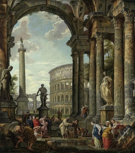 Giovanni Paolo Panini - An architectural capriccio with the philosopher Diogenes and other figures