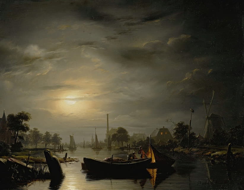 Petrus van Schendel - A River Landscape In Silver Moonlight