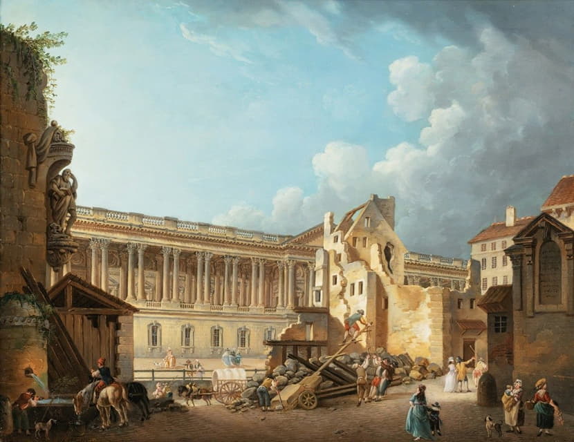 在拆除波旁小废墟期间，卢浮宫柱廊的清理