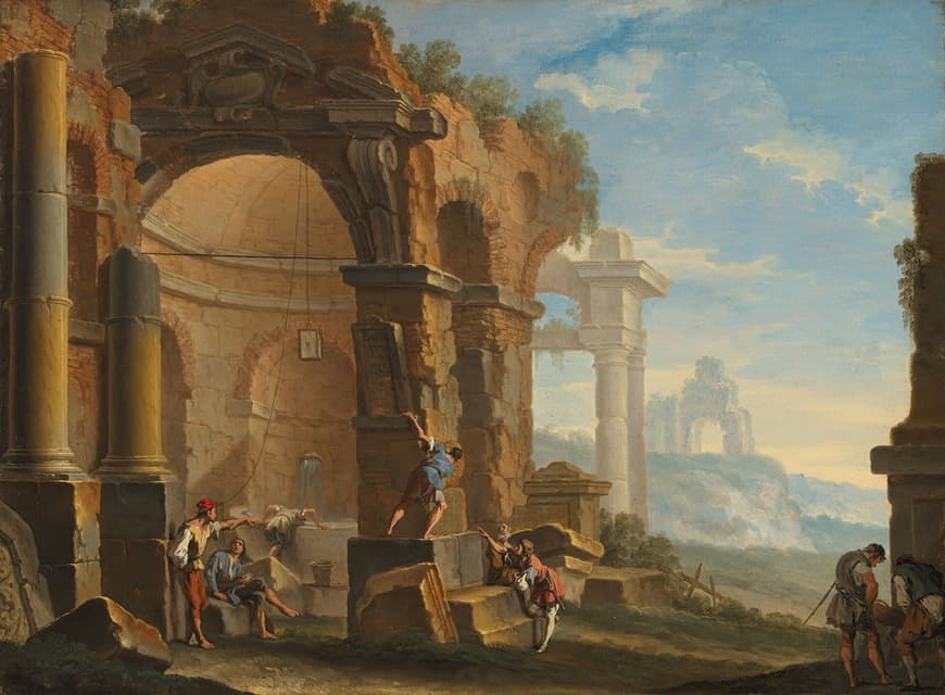 Sebastiano Ricci - A capriccio with figures conversing by classical ruins