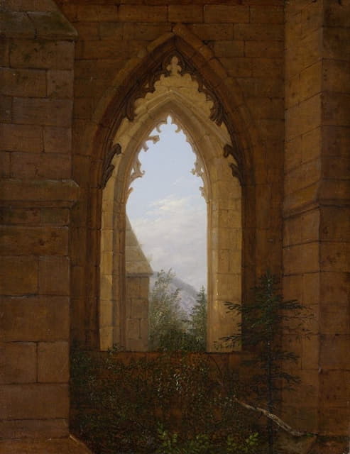 奥宾修道院废墟中的哥特式窗户