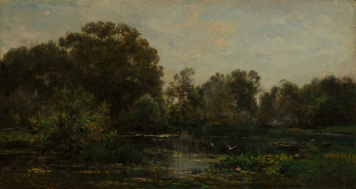 Charles François Daubigny - A River Landscape with Storks
