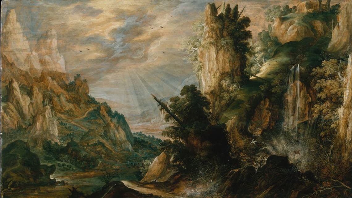 Kerstiaen de Keuninck - A Mountainous Landscape with a Waterfall