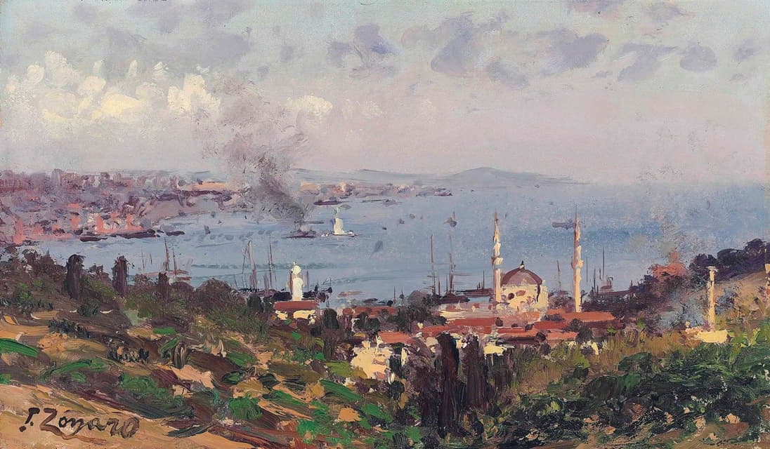 Fausto Zonaro - View of Nisantasi with the Dolmabahçe Mosque, Constantinople