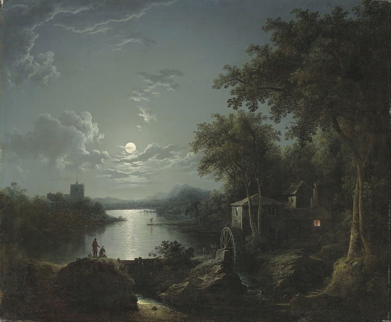 Henry Pether - Moonlit fishing on the riverbank