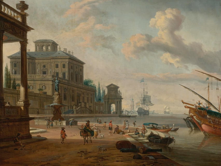 Abraham Storck - Italianate harbor scene with figures and animals in a grand architectural setting