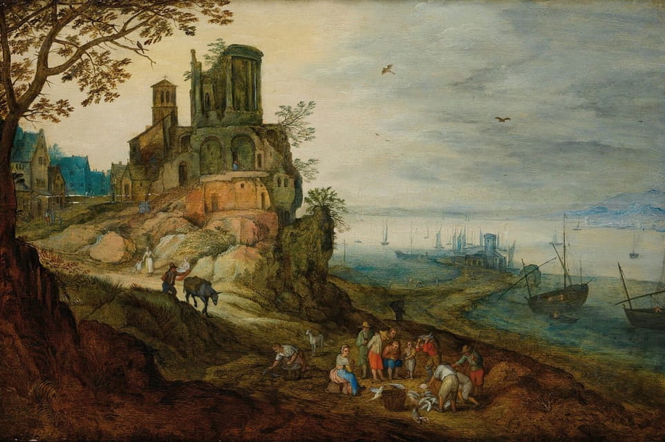 Circle of Jan Brueghel The Younger - River Landscape With Fisherman