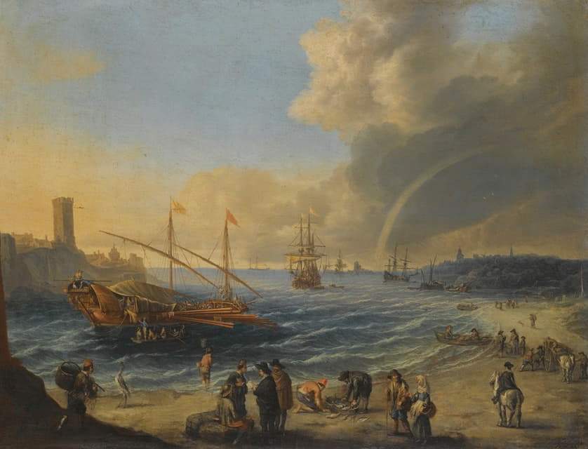 Cornelis De Wael - A Mediterranean Harbour Scene With An Ottoman Barge And Other Boats, Figures On The Beach, A Rainbow In The Distance