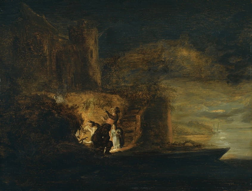 Cornelis Van Der Schalcke - Figures Around A Fire On A River Bank Beneath A City Fortification At Night