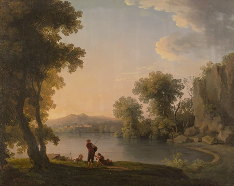 Follower of William Ashford - Three Fisherman Resting Alongside A Lake