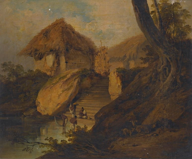 George Chinnery - Figures Washing In A River With Thatched Huts Behind, Bengal, India
