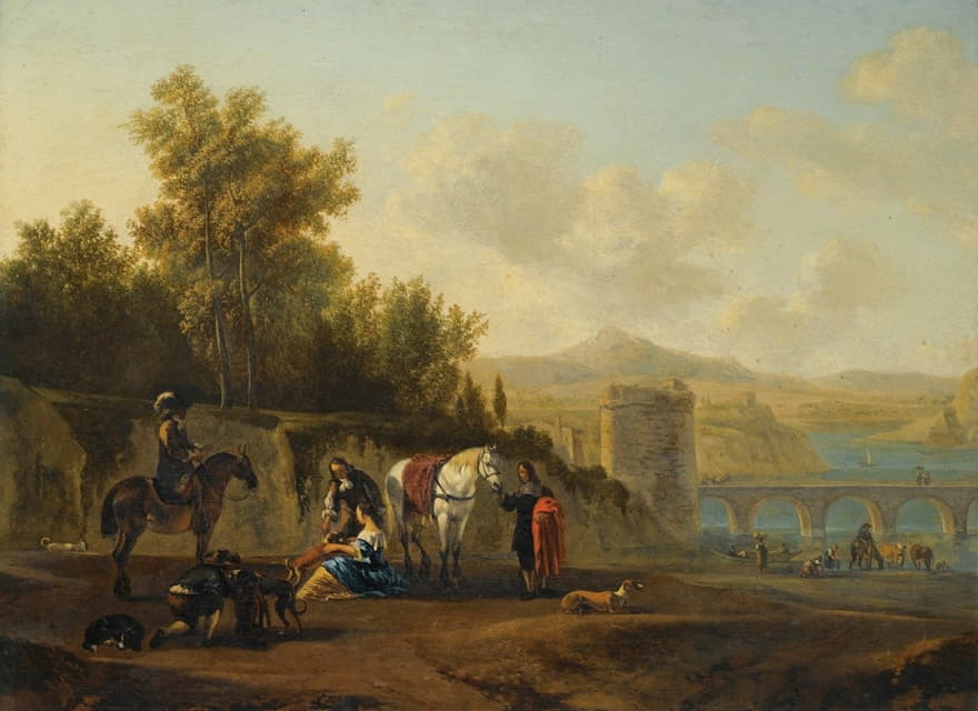 Gerrit Berckheyde - An Extensive Italianate River Landscape With Travellers Resting On A Path