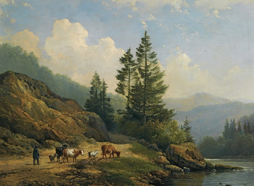 Hendrik van de Sande Bakhuyzen - A Herd With Cattle In A Mountainous Landscape