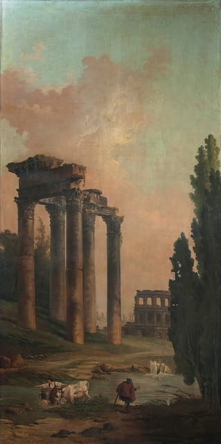 Hubert Robert - Architectural Capriccio with ruins of the Temple of Saturn and the Colosseum in the background