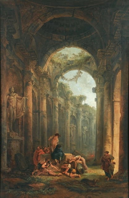 Hubert Robert - Classical Ruins With Soldiers Gambling