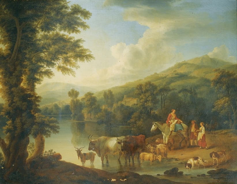 树木繁茂的河流景观，一位妇女骑着灰色的马，动物们正在浇水