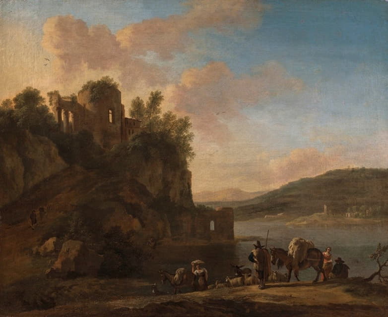 一个意大利式的河流景观，牧民带着羊群和驴子走在小路上