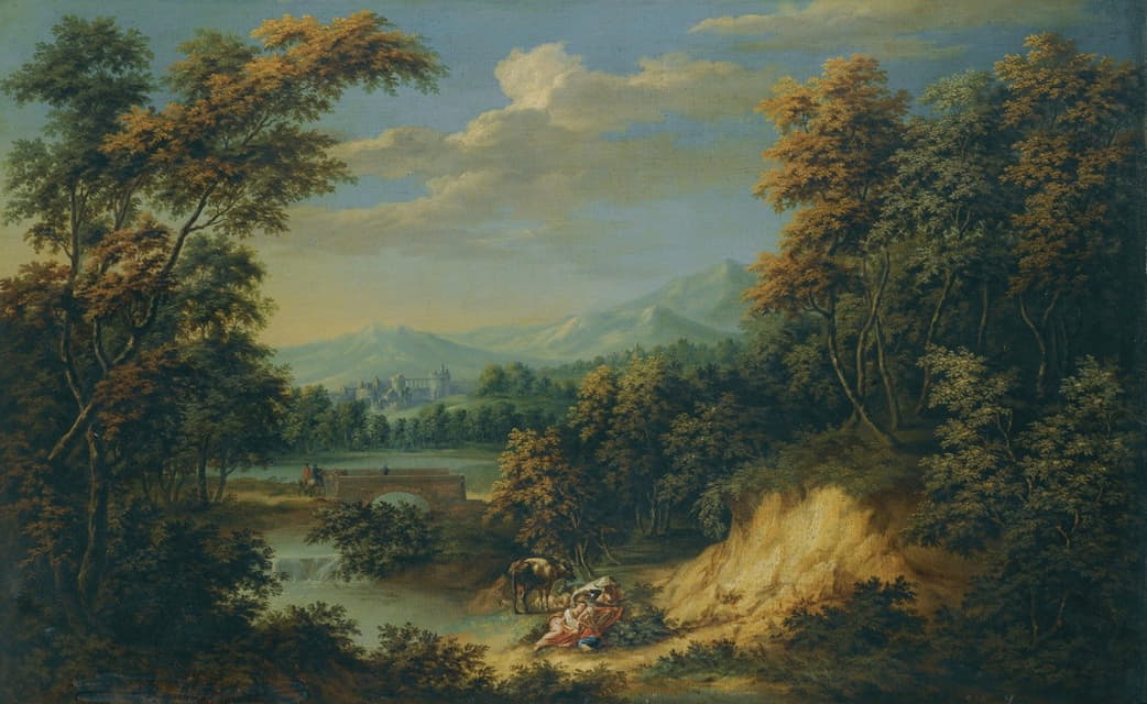 Jan Philip Spalthof - An Extensive Wooded River Landscape With Figures Resting In The Foreground, Travellers Approaching A Walled City Beyond