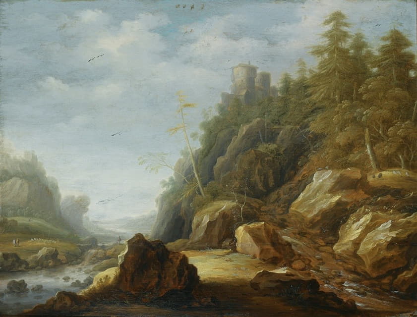 Joachim Govertsz Camphuysen - A Rocky Mountain Landscape With A Stronghold On A Hill Top, Shepherds With Their Flock Beyond