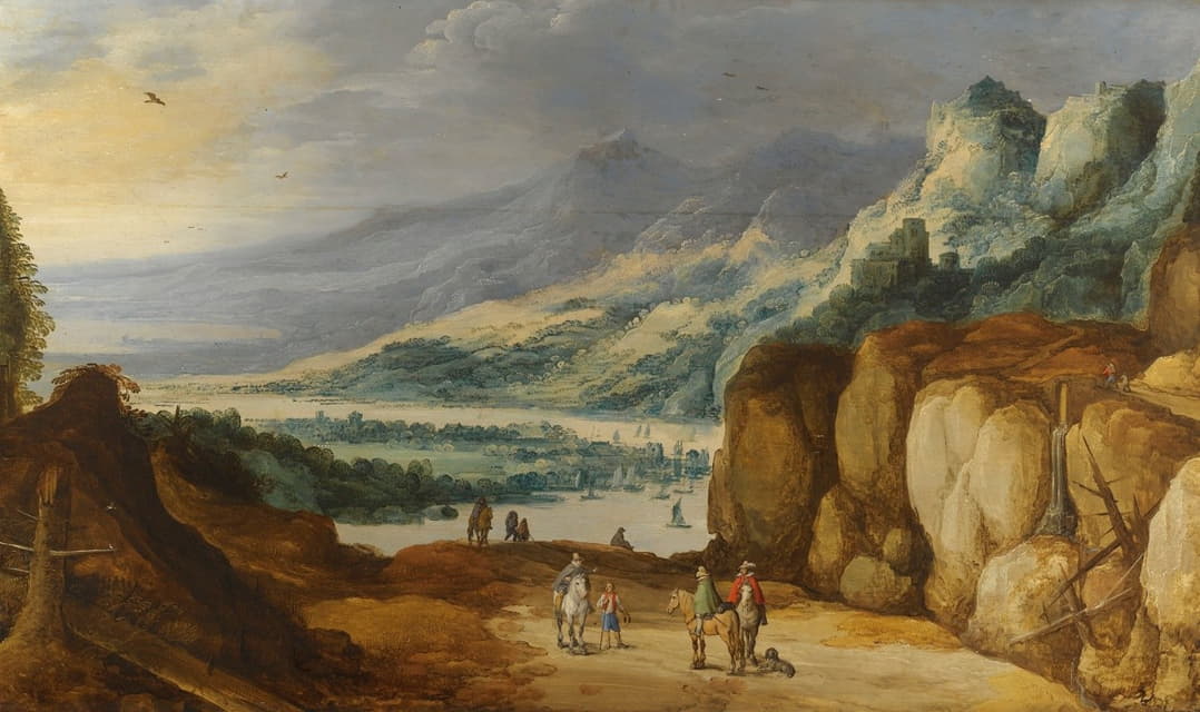 Joos de Momper - An Extensive Mountainous River Landscape With Horsemen Conversing On A Raised Plateau