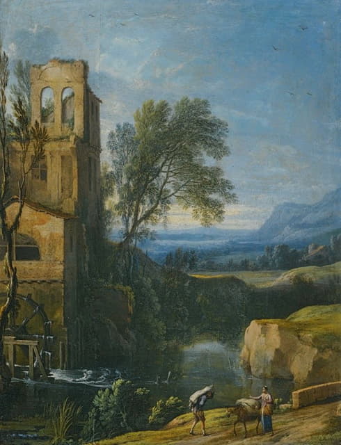 Pierre Antoine Patel the younger - A River Landscape With A Watermill To The Left And Figures With A Donkey In The Foreground