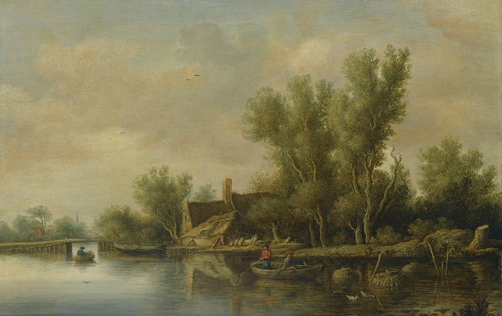 一个河口，两个农民在农舍附近划船捕鱼