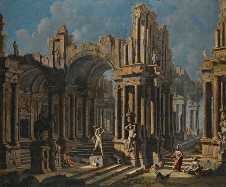 Pietro Capelli - An Architectural Capriccio With A Statue Of Hercules And Figures In Classical Costume
