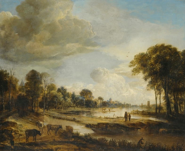Aert van der Neer - A River Landscape With Figures And Cattle