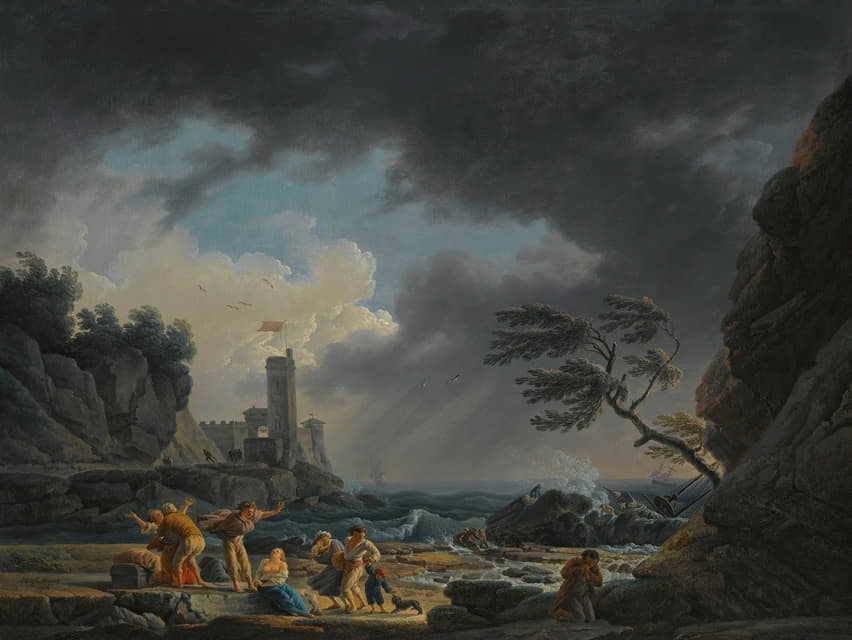 Claude-Joseph Vernet - A Stormy Coastal Scene With Figures On A Beach Having Escaped A Shipwreck Engraved By Klauber