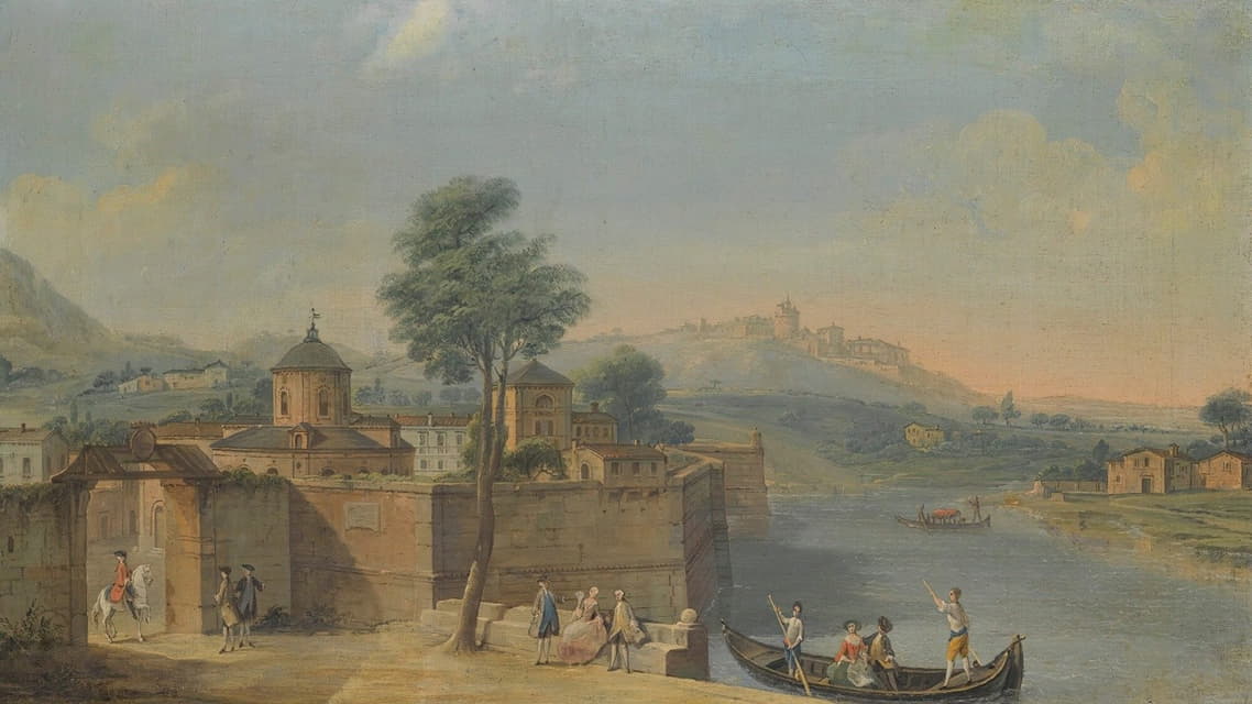 Francesco Battaglioli - A Capriccio View Of A Walled Town With Elegant Figures On The River