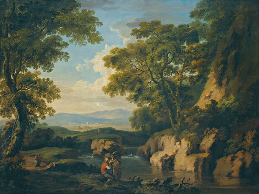 George Barret - A Mountainous Wooded Landscape With Figures By A River In The Foreground