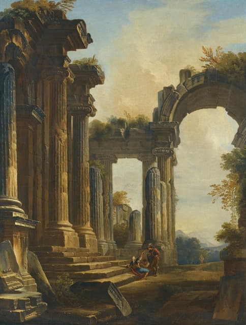 古典遗迹的随想曲，三个人在寺庙的台阶上交谈