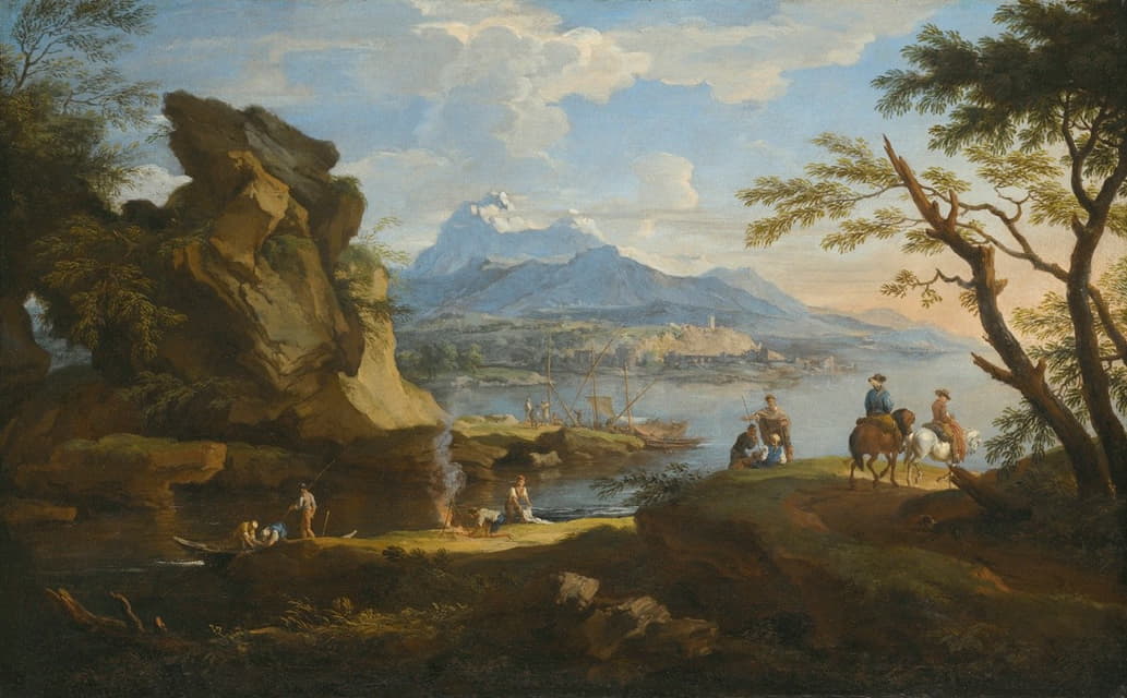 Jacob de Heusch - A Harbour Scene With Fishermen Returning To Shore, Some Travellers Setting Up Camp And Two Riders On A Pass, Mountains Beyond