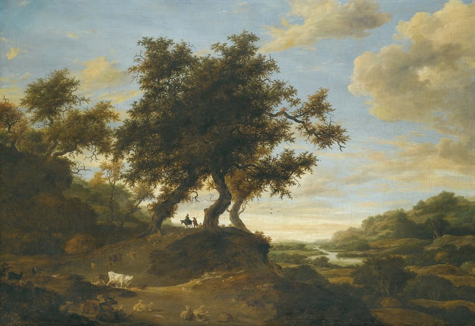 Jacob Salomonsz. van Ruysdael - Herders On Lightly Wooded Raised Ground Overlooking An Expansive River Landscape