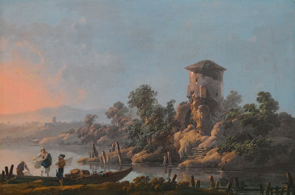 Jean-Baptiste Pillement - A River Landscape With A Ruined Tower And Fishermen With Their Nets In The Foreground
