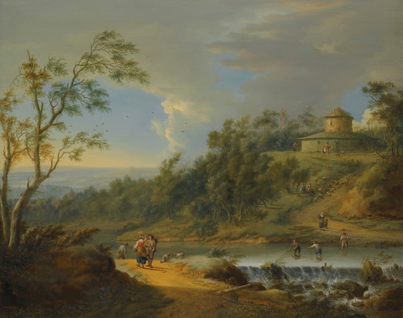 Johann Christian Vollerdt - A River Landscape With Fishermen Dredging A Weir